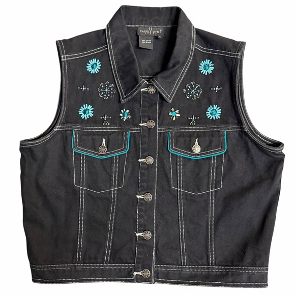 Vintage Carol Little Black Denim Beaded Vest XL - Picture 2 of 7